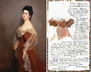 Stumm, Baroness Hugo von, née Ludovica von Rauch: Letter from de László illustrating his choice of dress for the portrait 6542