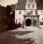 1898 Princess Sabine von Schoenaich-Carolath with an unidentified lady in front of the gateway, Carolath Castle, Carolath, Germany